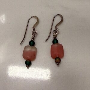 Dangle Earrings Pink Cube‎ Glass Green Round Bead Boho Chic Jewelry